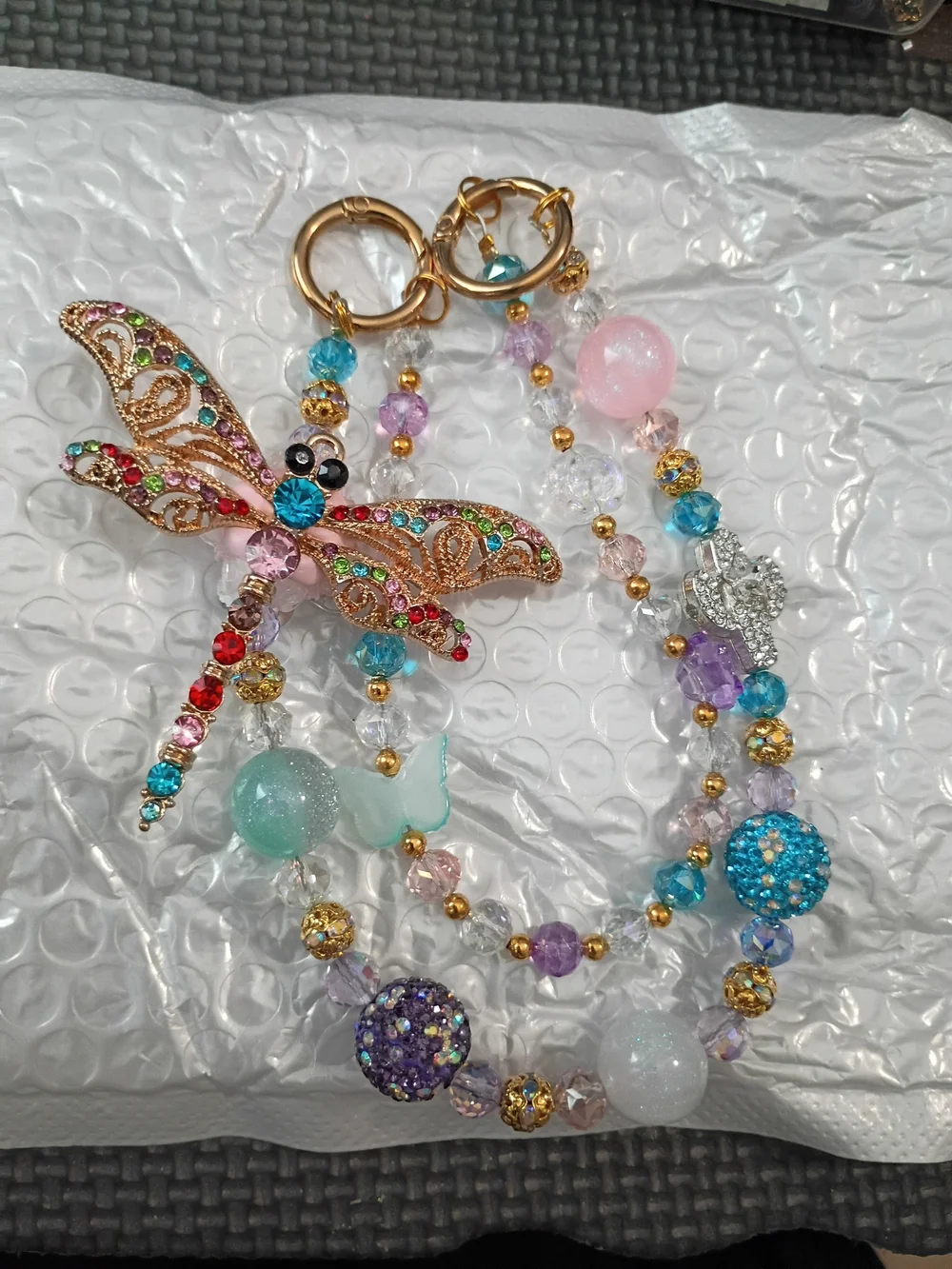 Colorful Dragonfly Beaded Keychain - Multicolor